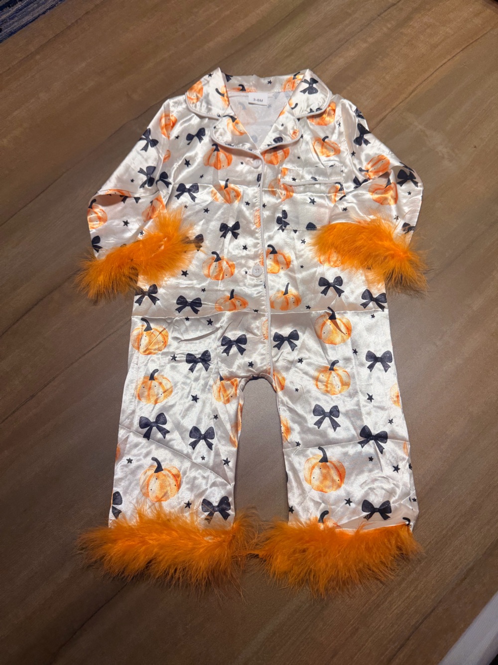 Kids Halloween Pumpkin Satin Pajama Costume with Orange Feather Trim